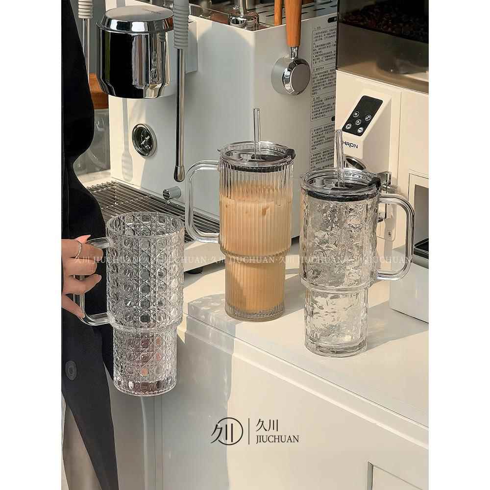 大容量玻璃杯巨无霸带把手吸管杯女生高颜值带盖办公室咖啡水杯子