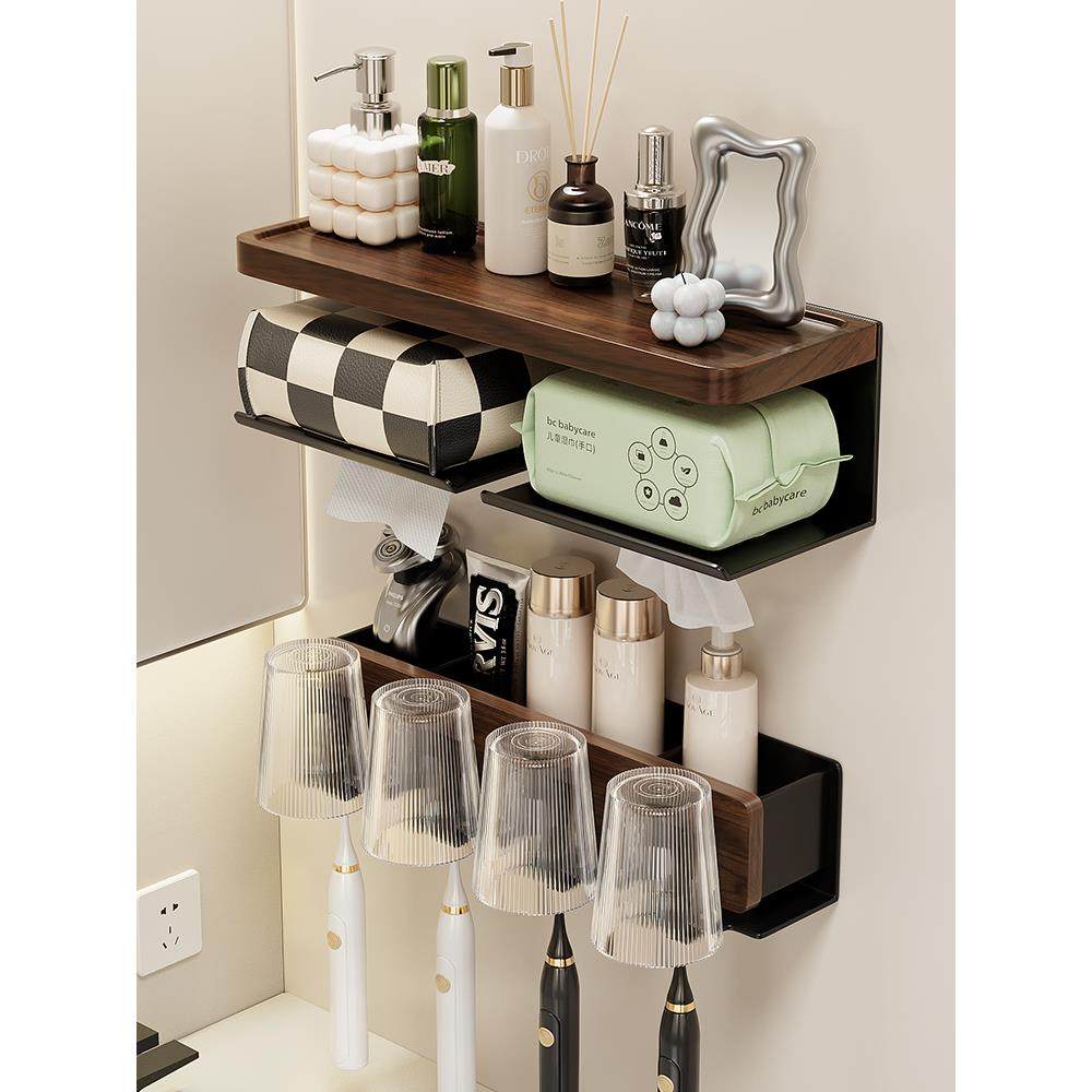 胡桃木浴室卫生间纸巾盒中古风洗手洗漱台免打孔实木牙刷架置物架