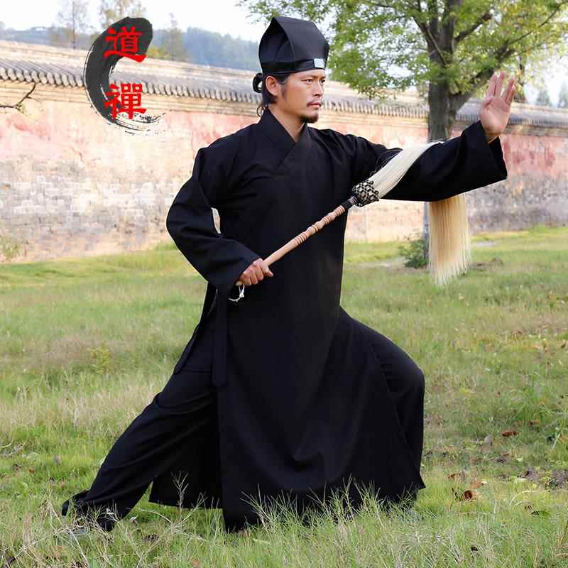 正品三宝道士服麻长袍棉春秋男女同款武当太极袍三清领斜领襟长道