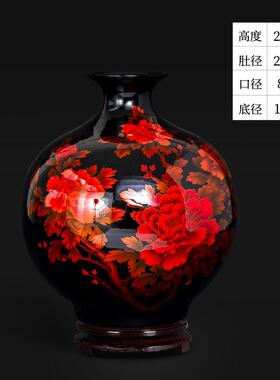 高档景德镇陶瓷器中博国红色石花古瓶插花摆件新中榴式客厅酒柜架
