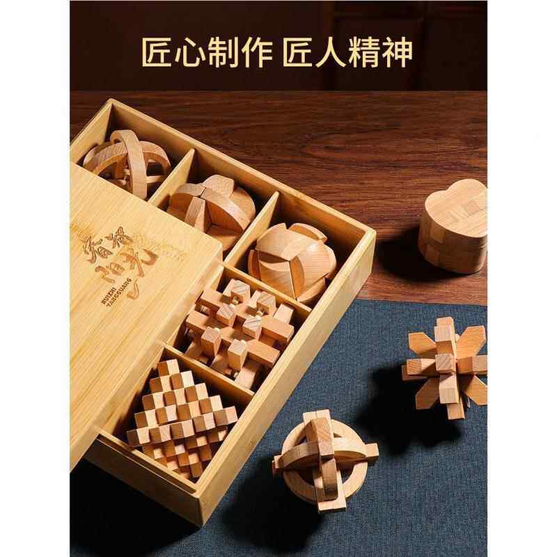 孔明机锁鲁班锁木套装九连LRI解环解扣小学生关盒子榉解锁玩具积