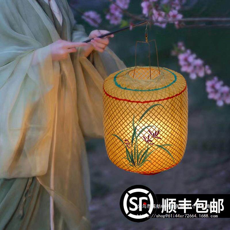 竹编油纸灯笼古风手提汉服手持物夜景拍照影视道具中式形发光灯罩
