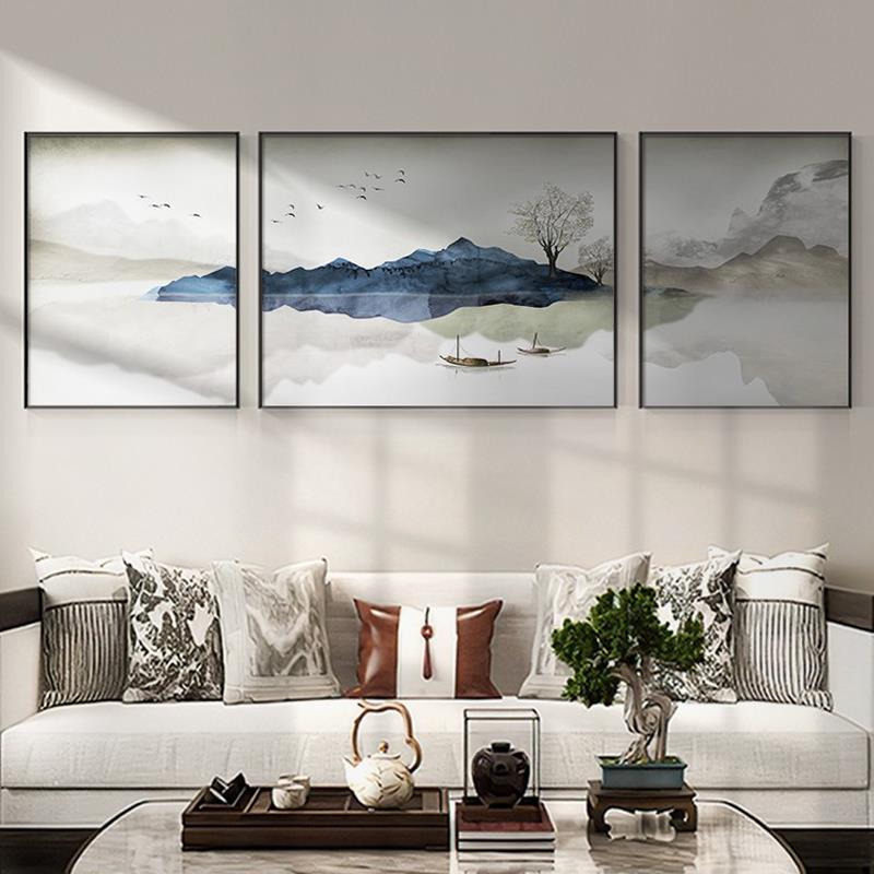 水风画客厅挂873画禅意水墨沙发背景装饰组画新中山式三联合壁景