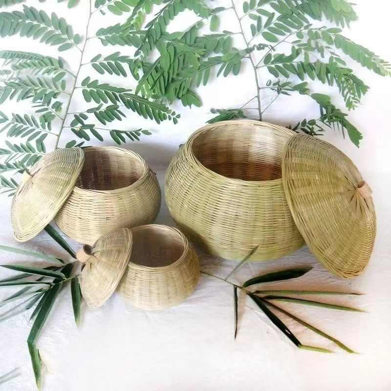 竹编茶叶罐家用圆形收纳盒带盖子鸡蛋筐围棋盒竹篮创意南瓜竹制品