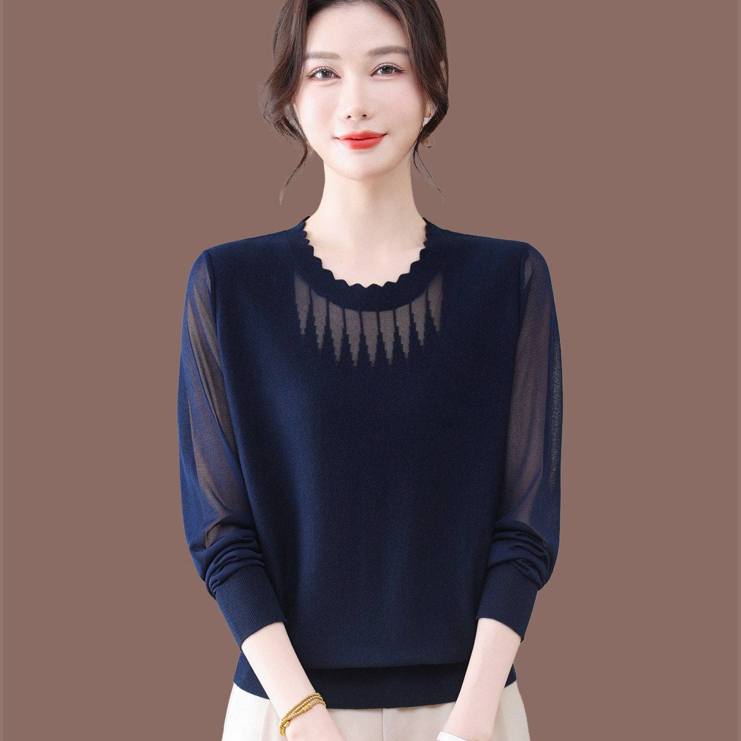 圆领桑蚕丝针织衫女长袖t恤2026春秋新款洋气妈妈宽松纱袖打底衫