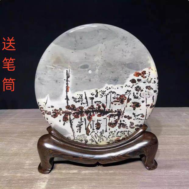 国画草花天然奇石花瓶笔筒四方柱实木底座摆件办公室玄关镇宅石头