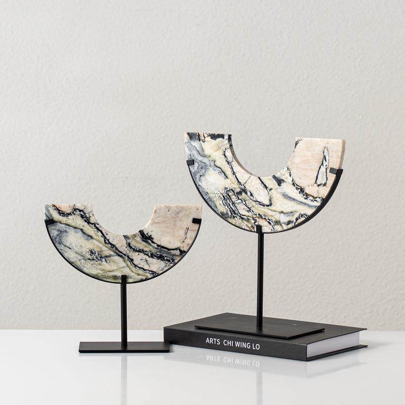 新中式大理石半月半玉璧摆件高档茶楼酒店客厅玄关别墅装饰工艺品
