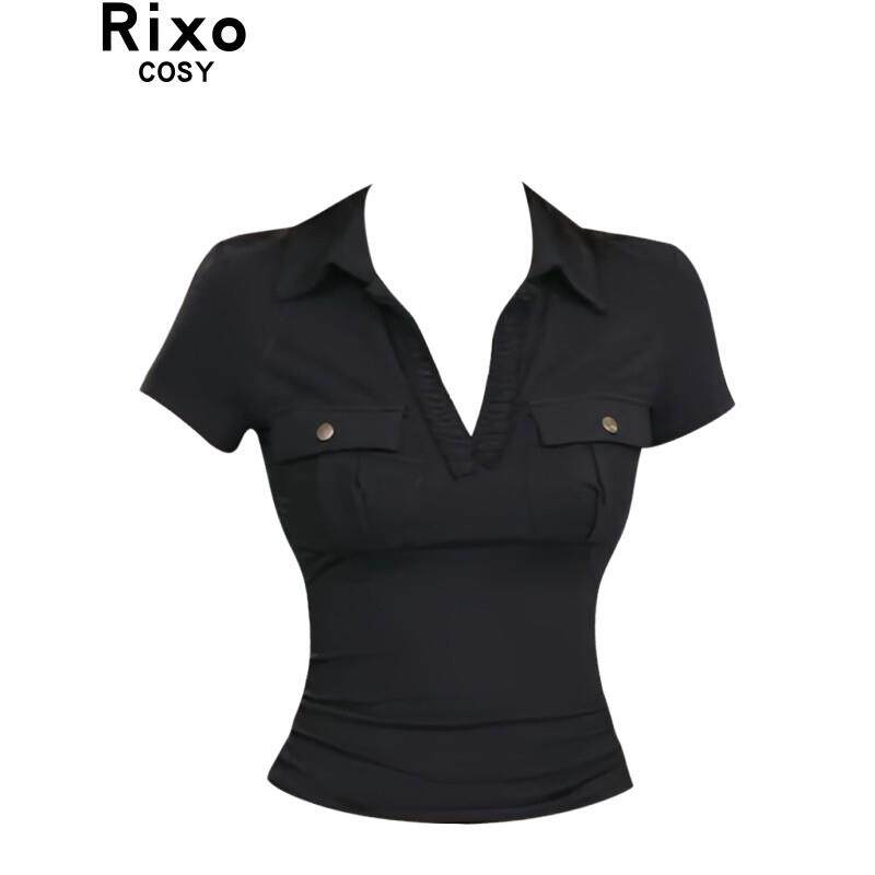 Rixo Cosy 美式显瘦翻领口袋短袖T恤女性感V领修身百搭正肩短上衣