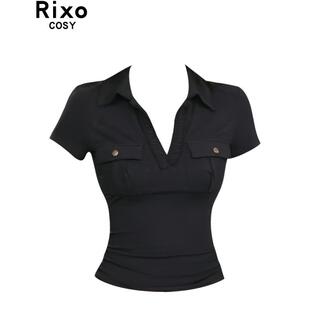 Rixo Cosy 美式显瘦翻领口袋短袖T恤女性感V领修身百搭正肩短上衣