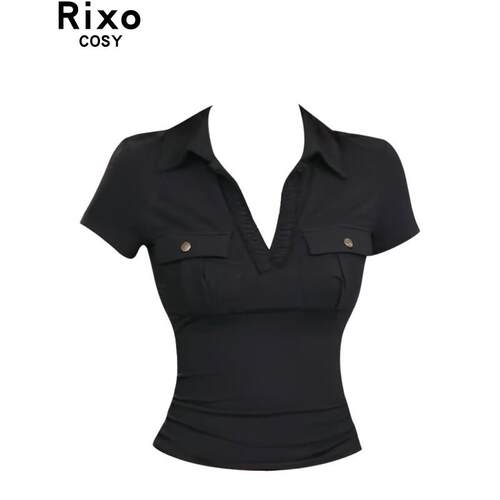 Rixo Cosy 美式显瘦翻领口袋短袖T恤女性感V领修身百搭正肩短上衣