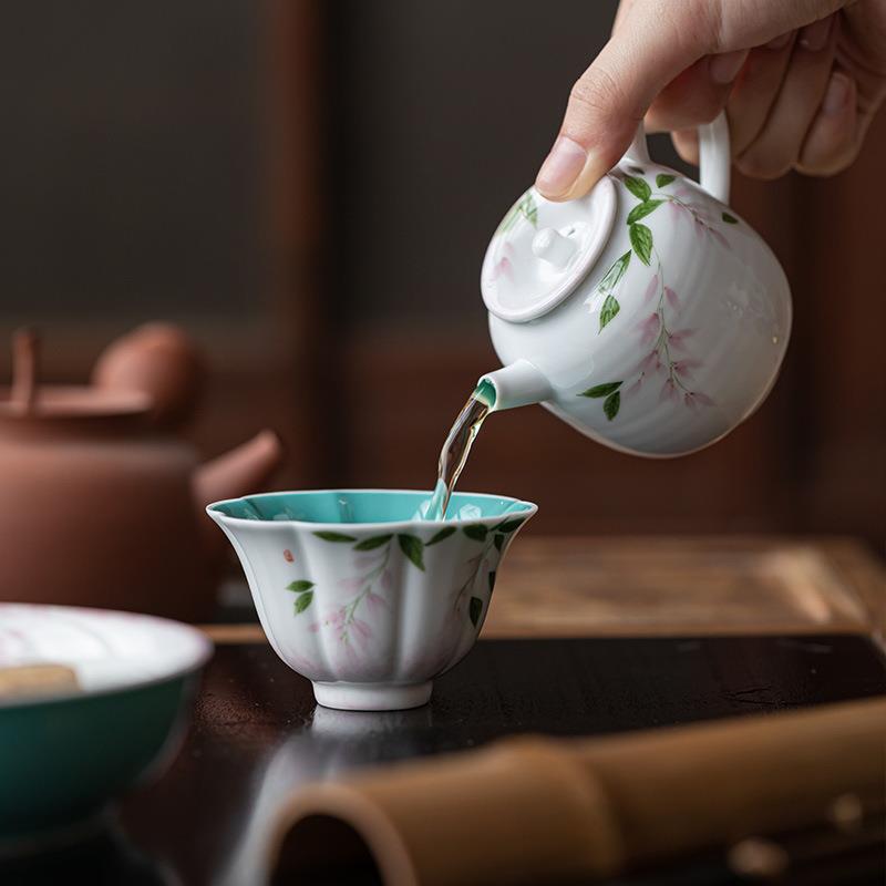皓澜松石绿茶壶纯手绘紫藤花泡茶壶陶瓷家用防烫带过滤孔冲茶器