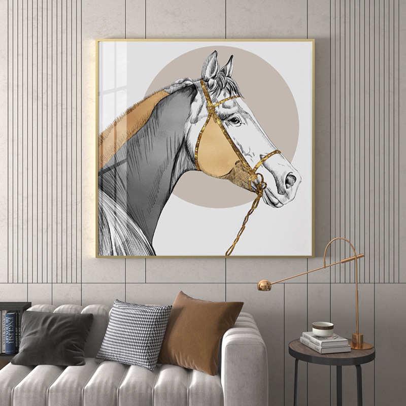 黑白装饰画抽象奢轻简约墙壁挂画客厅骏马后现代背景竖版玄关奢华