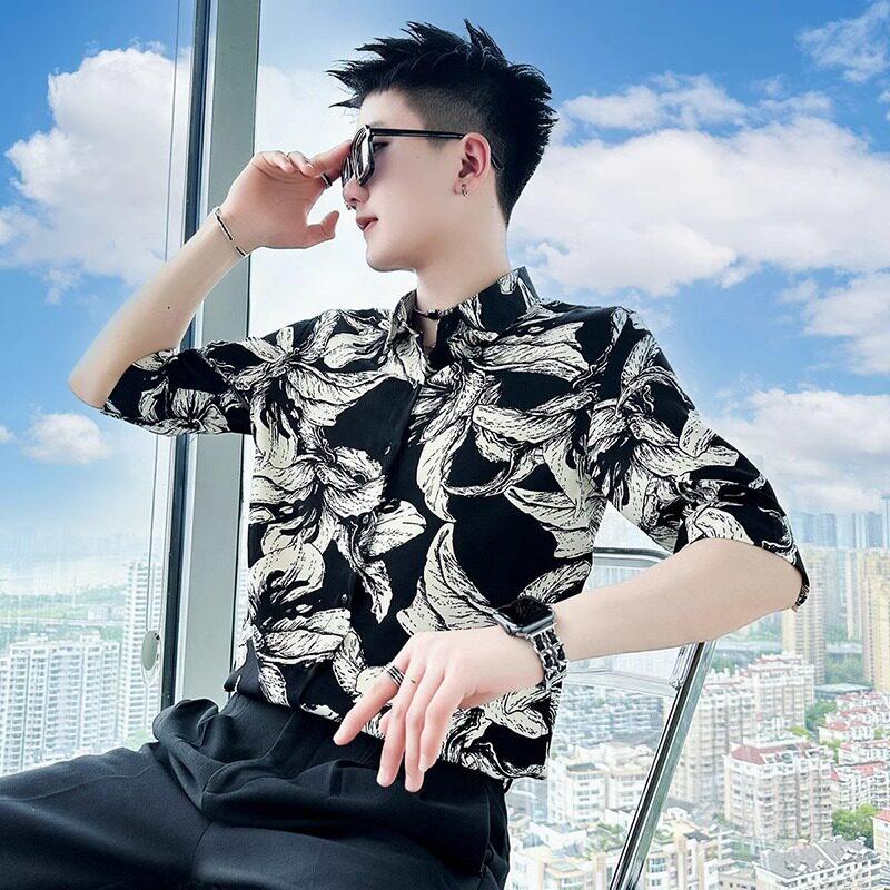 LL男装衬衫男短袖高级感2026新款夏季薄款冰丝休闲五分袖花衬衫潮