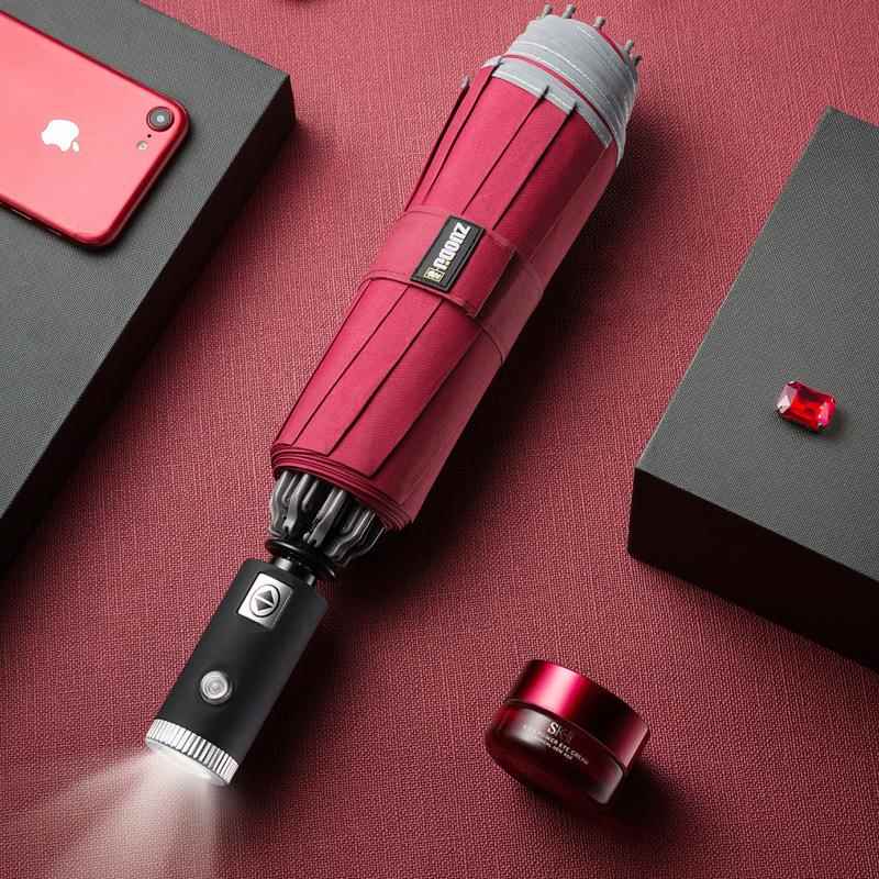 全自反向伞可印制logo车载可用L雨D电筒照明晴两用折E叠114动伞