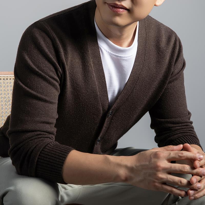 中年秋冬针织开衫中年男士纯色长袖V领纽扣款毛衣外套男0921e