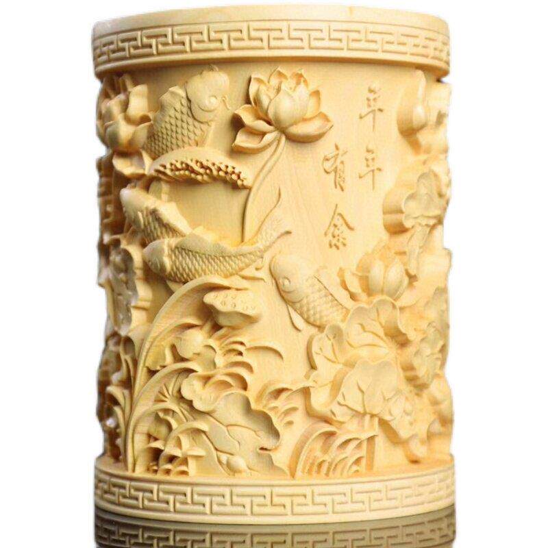 黄杨木年年有余圆形笔筒红木摆件创意雕刻桌面收纳长辈老师送礼