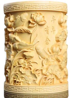 黄杨木年年有余圆形笔筒红木摆件创意雕刻桌面收纳长辈老师送礼