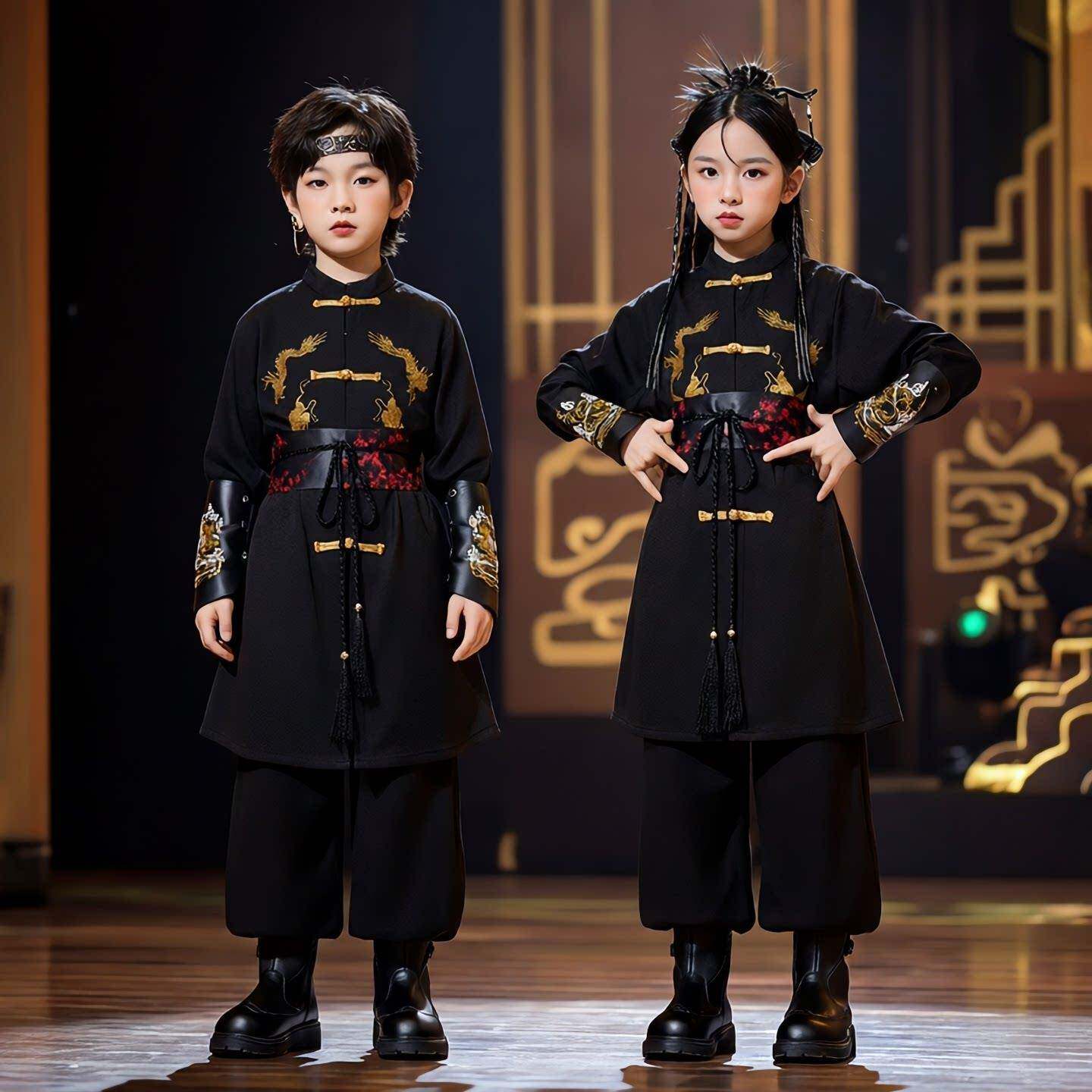 帅气男童炸街套装2026新款街舞演出服长袖中国风武术走秀表演服装