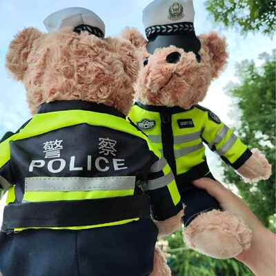 警察小公仔娃抓机娃机警反KJI光骑行熊服毛绒玩具礼物官交警小熊