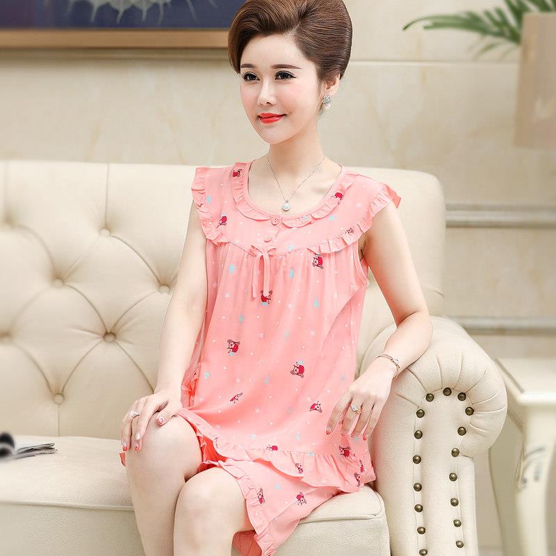 睡衣女夏薄款绵绸背心无袖中年妈妈睡衣棉绸宽松中老年家居服套装