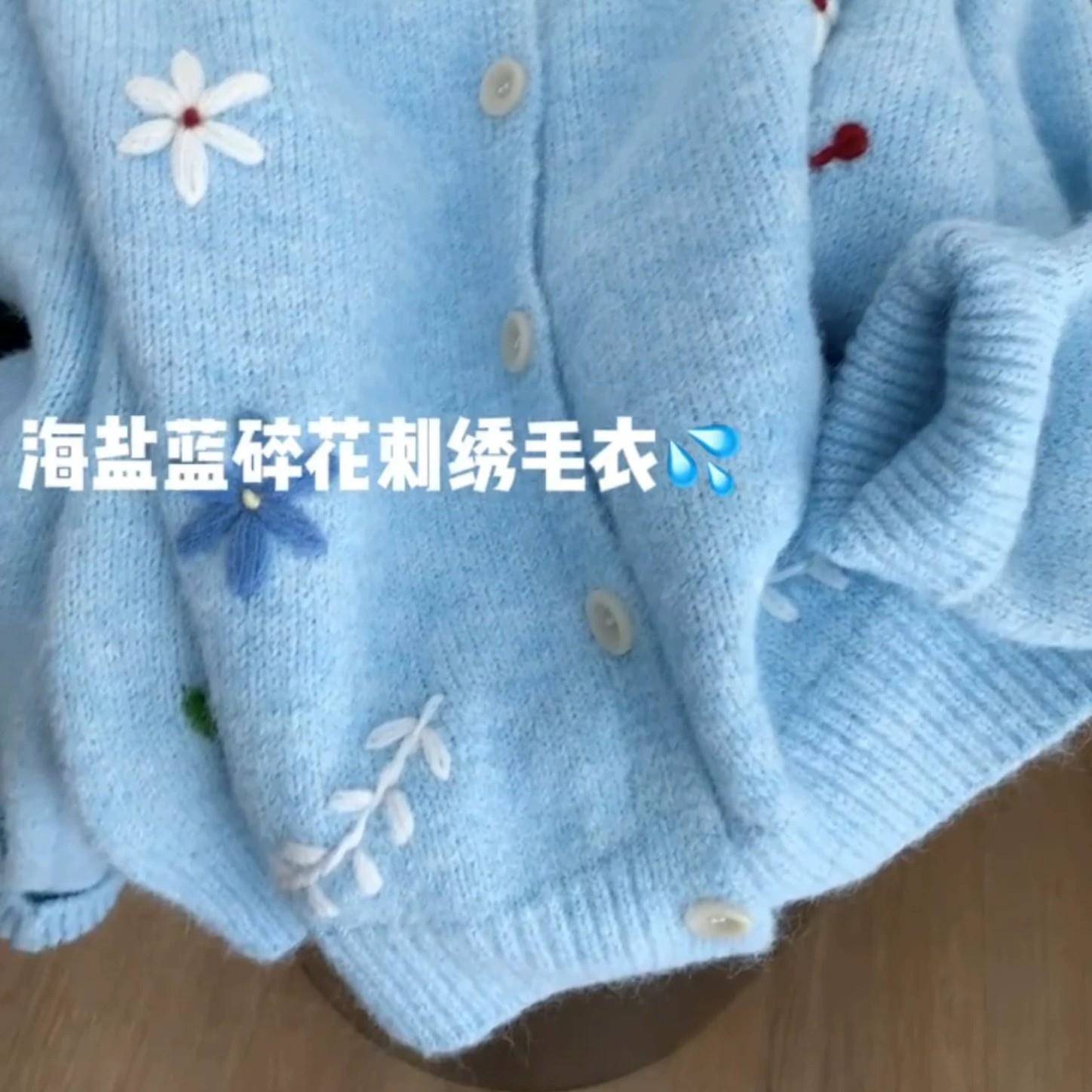 新品韩系甜美风蓝色花朵刺绣针织开衫女毛衣圆领减龄秋冬新款宽松
