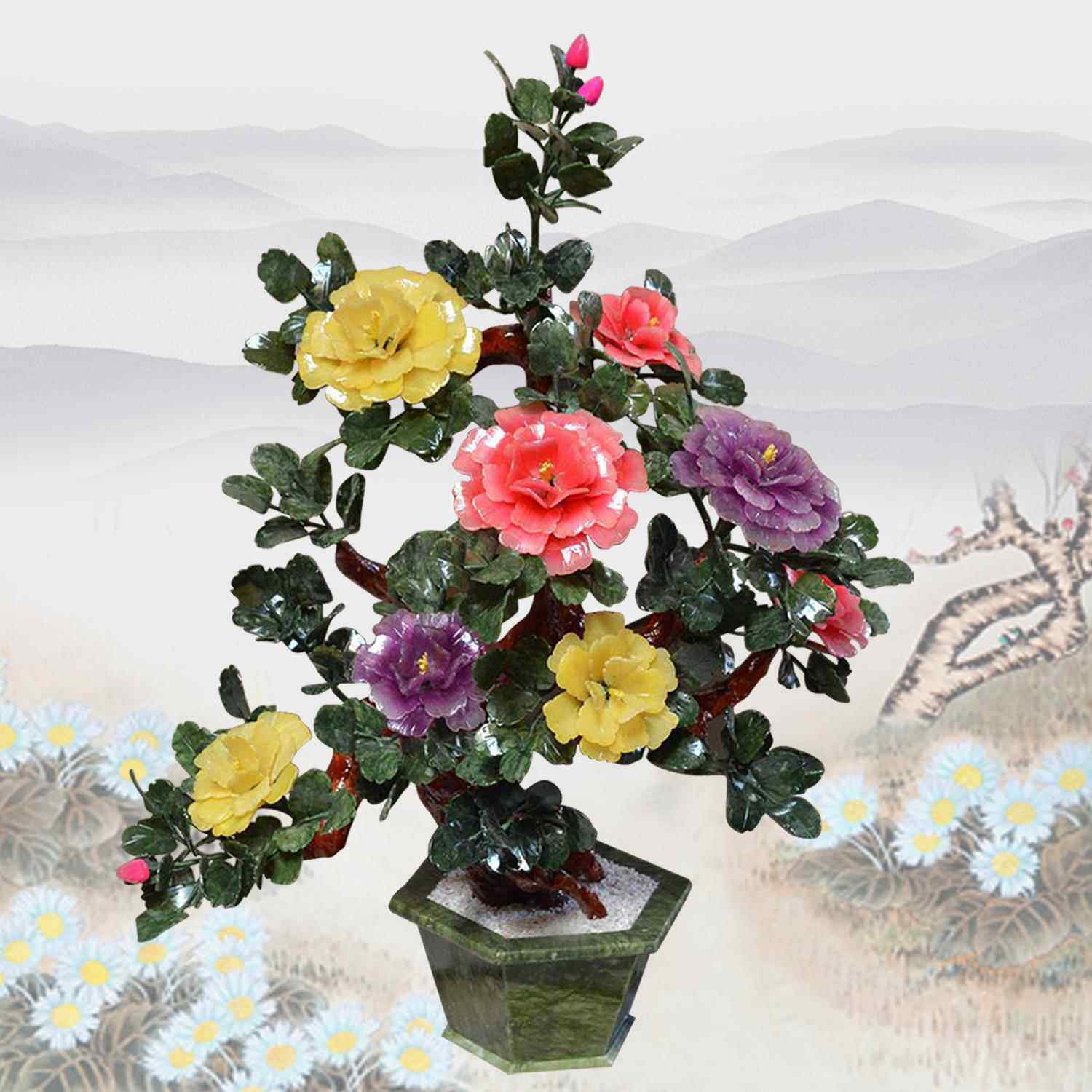 正品玉雕刻牡丹花创意器茶花架工艺品新石几中玉式摆件卧室装饰品