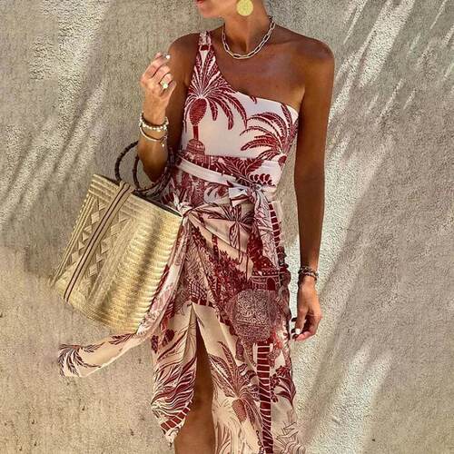 Swimsuit shoulder strap coconut tree print one-piece