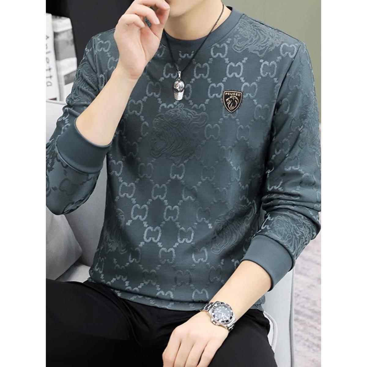 秋衣男款卫衣秋季新款潮流修身圆领印花男士高端薄款长袖T打底衫