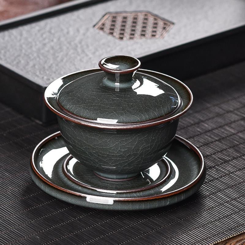 青瓷三才盖碗龙泉哥窑铁胎冰裂纹茶具陶瓷覆古泡茶碗家用大号单个