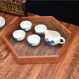 海棠花玻璃托盘复古家用多边形托盘实木点心茶水盘六边形收纳盘