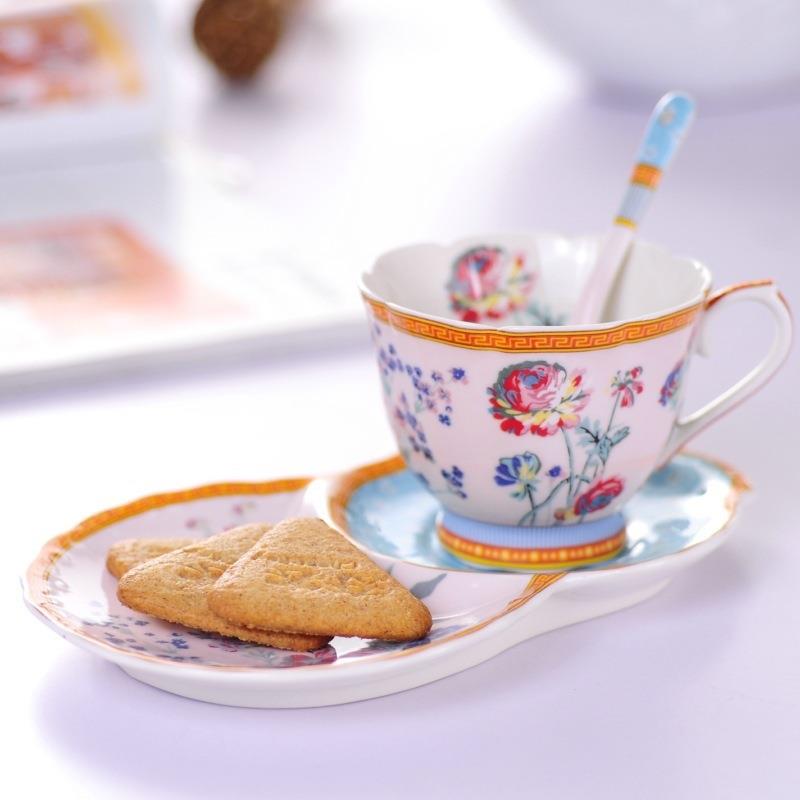 现货 油画毛茛花釉中彩陶瓷咖啡杯碟套装葫芦形碟子带勺子