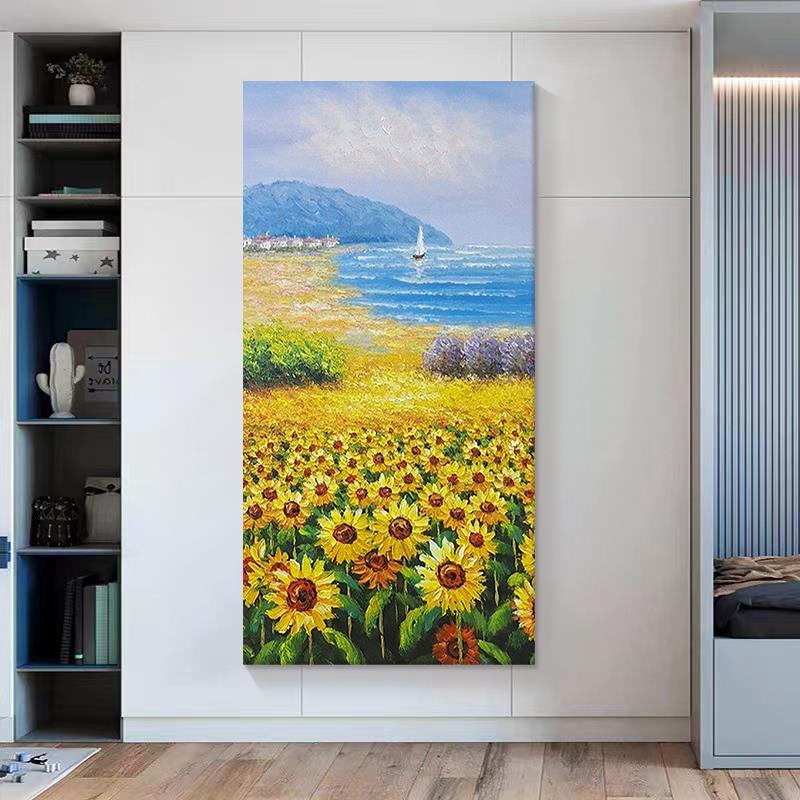 治愈系向日葵花卉客厅装饰画高级感海边船帆风景手绘油画酒店挂画图片