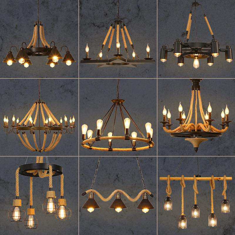 loft服装店饭店餐厅漫咖啡创意复古工业风铁艺理发店麻绳吊灯吧台