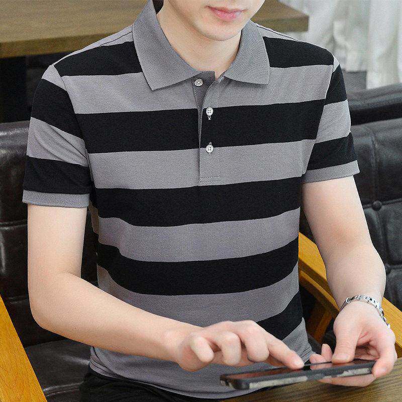 条纹POLO衫男士短袖t恤纯棉翻领高档上衣夏季有领商务男装短袖T恤