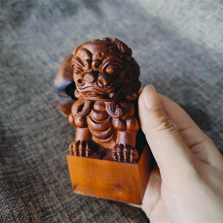 天然枣木狮子印章 精品雕刻道家印章摆件 五雷斩鬼