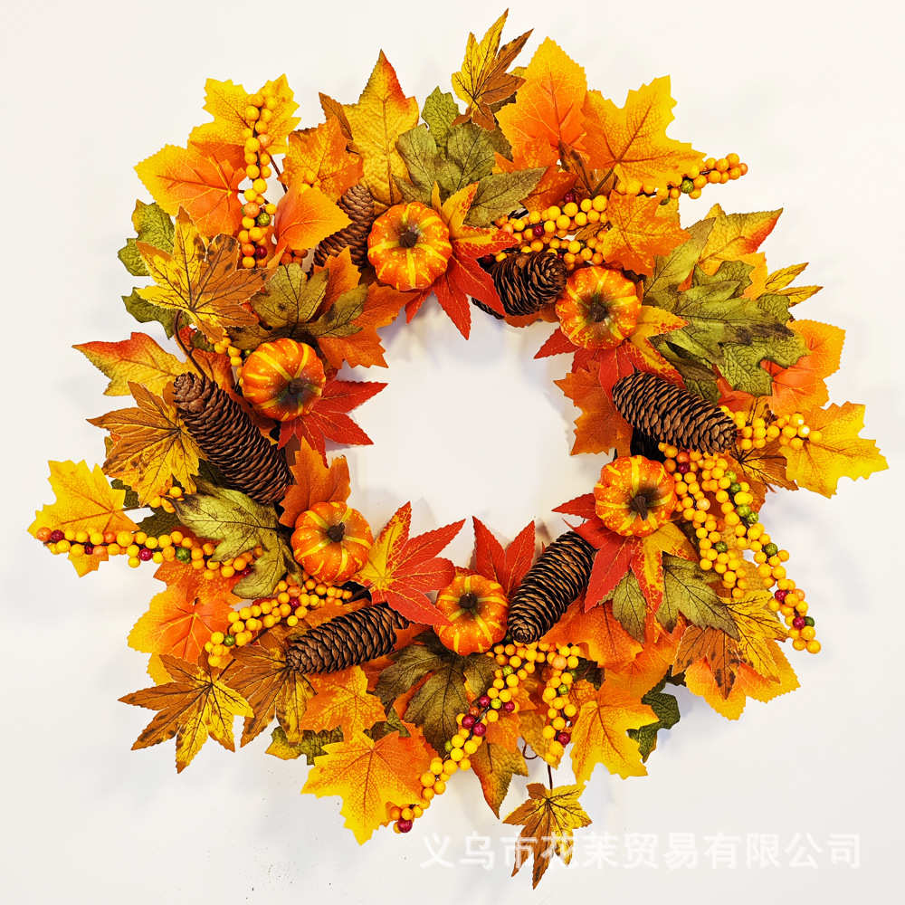 秋季感恩节花环仿真枫叶南瓜松果丰收节50CM花圈门墙挂饰
