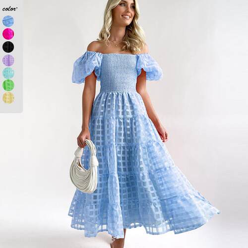 One collar lantern sleeve cake dress for women