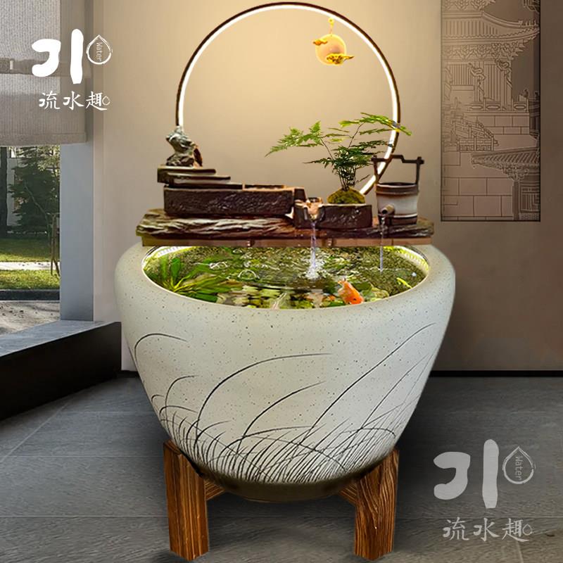 生态鱼缸陶瓷罐开口循环流水配件庭院花园造景流水循环摆件