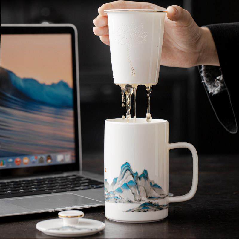 羊脂玉白瓷茶杯办公杯陶瓷水杯茶水分离办公室女士泡茶杯刻字定制