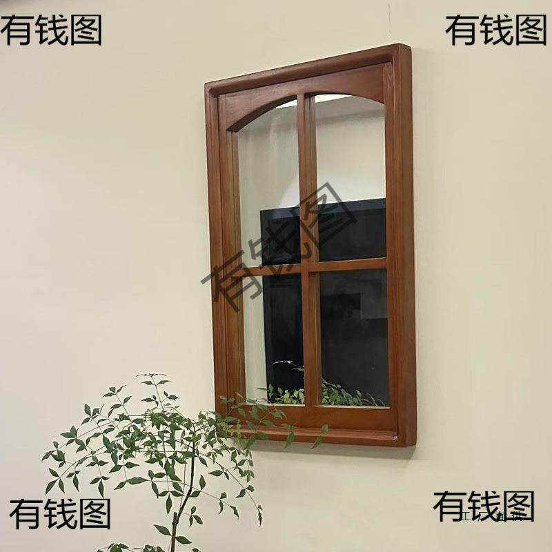 法式复古墙上装饰镜家用客厅餐厅镜仿窗户镜子实木壁挂假窗镜子