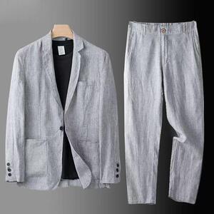 潮牌亚麻防晒西服套装男春夏薄款宽松休闲外套轻薄西装长裤两件套