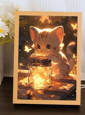 抖音同款治愈系小猫灯光画相框生日定制发光画ins卧室床头小夜灯