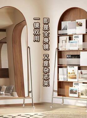 落地镜全身镜全身镜中古设计师镜可移动带杂志架多功能报刊架镜子