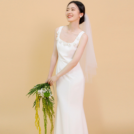 tansshop手工坊系列领口立体花朵，小香风背心，长裙白色礼服裙婚礼