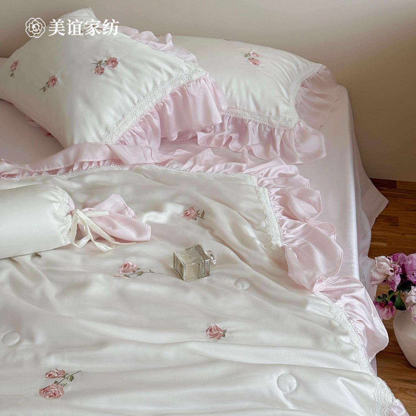 轻奢少女心兰精天丝夏凉被亲肤花卉刺绣夏季冰丝被子裸睡凉感夏被