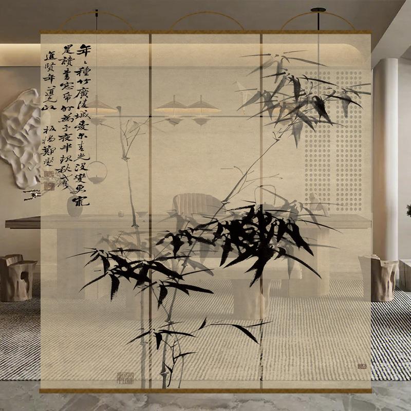 水新中式墨竹画文艺透景屏水墨竹风纱卷玄隔断帘挂帘帘窗帘关透光