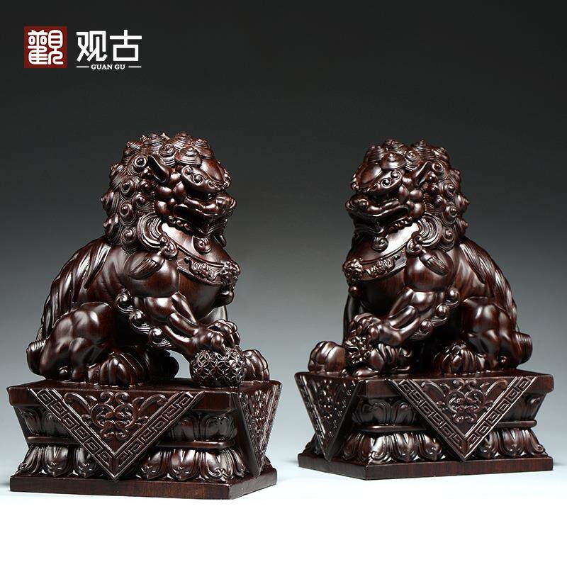 黑檀木雕刻狮子一对北京宫门狮摆件家居办公室装饰工艺品开业送礼