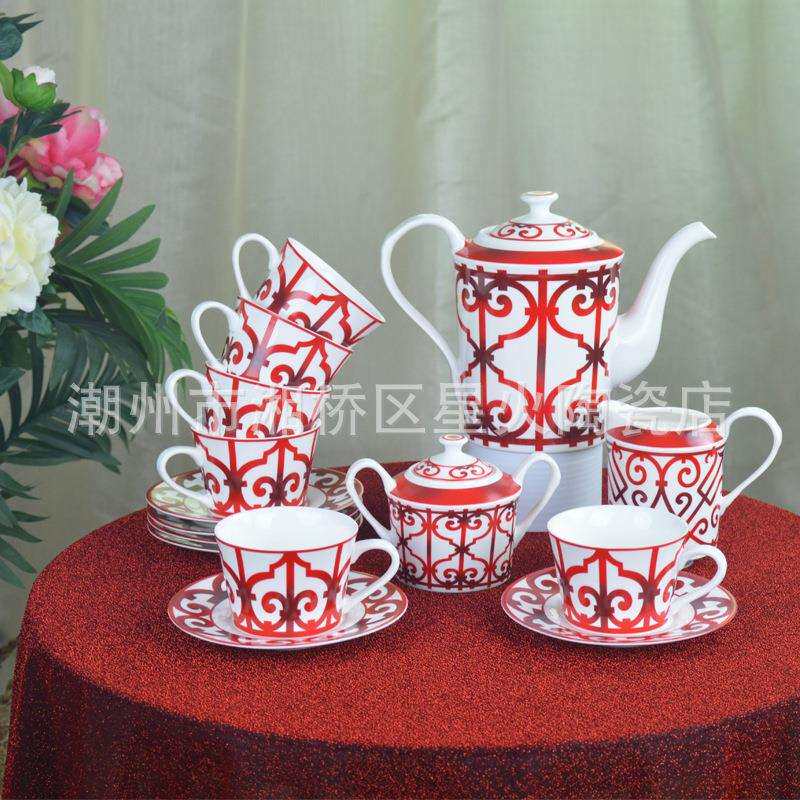 欧式陶瓷水具6杯碟水壶奶壶糖罐6人套装圣诞红色水具可加logo