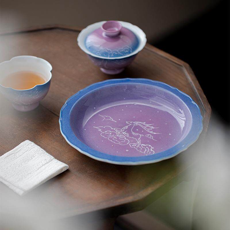 墨己梦幻渐变紫色陶瓷壶承茶道配件干泡盘手绘鹿踏祥云家用茶点盘