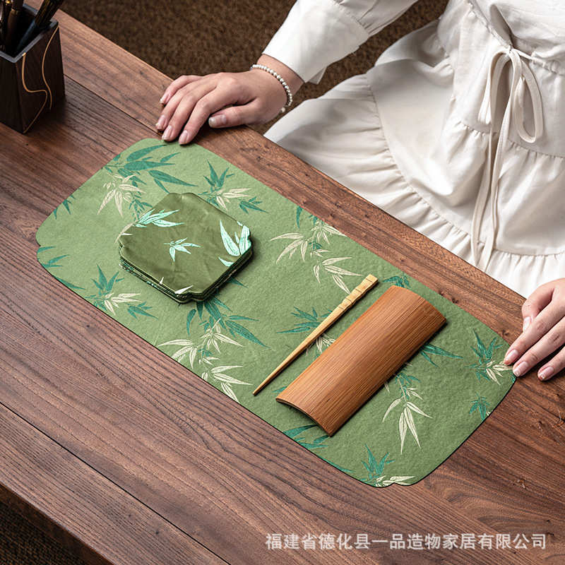 中式绸缎织锦刺绣竹子防水双面海棠干泡茶席桌旗布艺禅意茶道配件